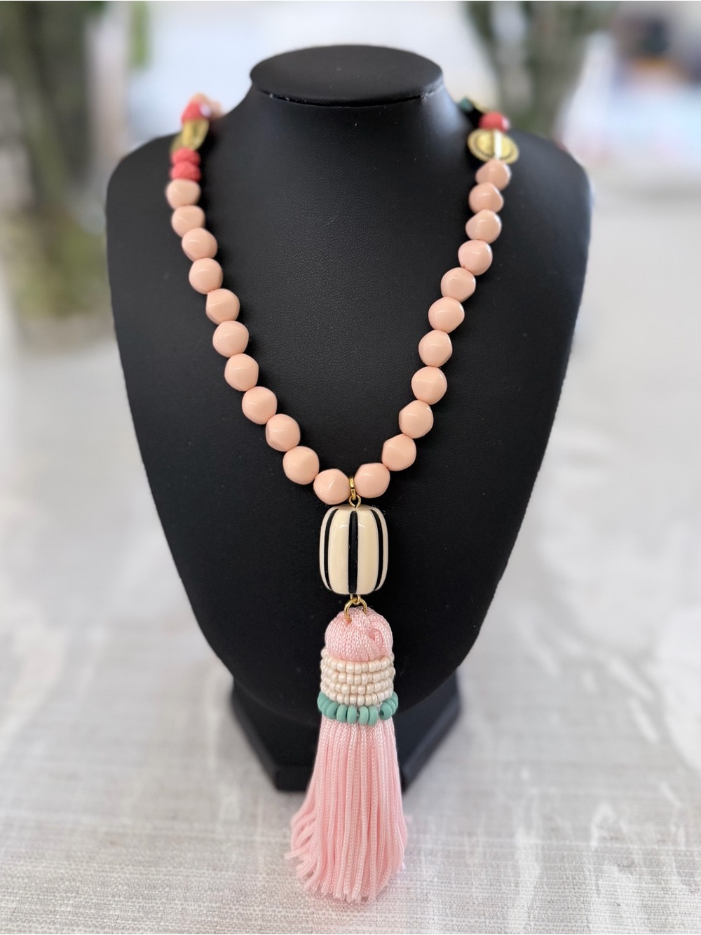 Plunder Pink Beaded Tassel Necklace with Mint Accents